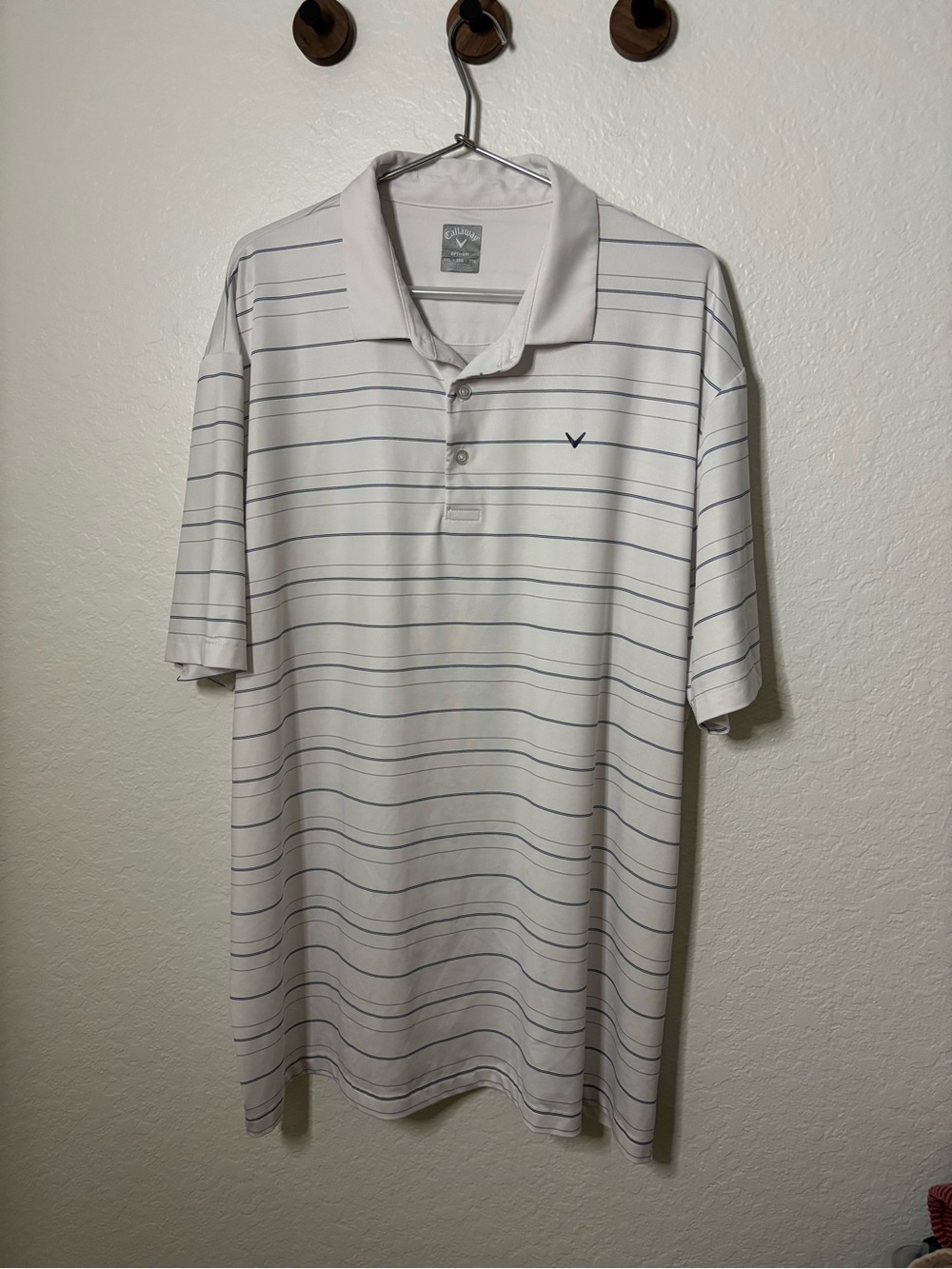 Callaway Men’s White Polo with Thin Navy Stripes